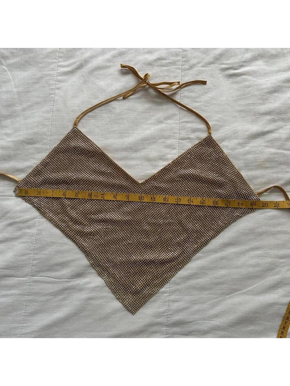 Gold mesh rhinestone halter top with tie neck and tie back - Picture 6 of 6